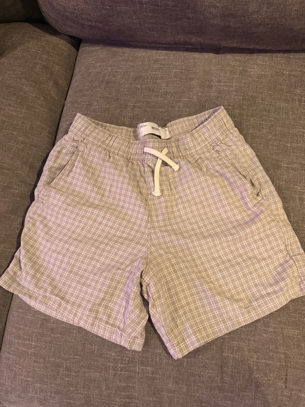 Hollister Light Tan Plaid Drawstring Linen  Shorts